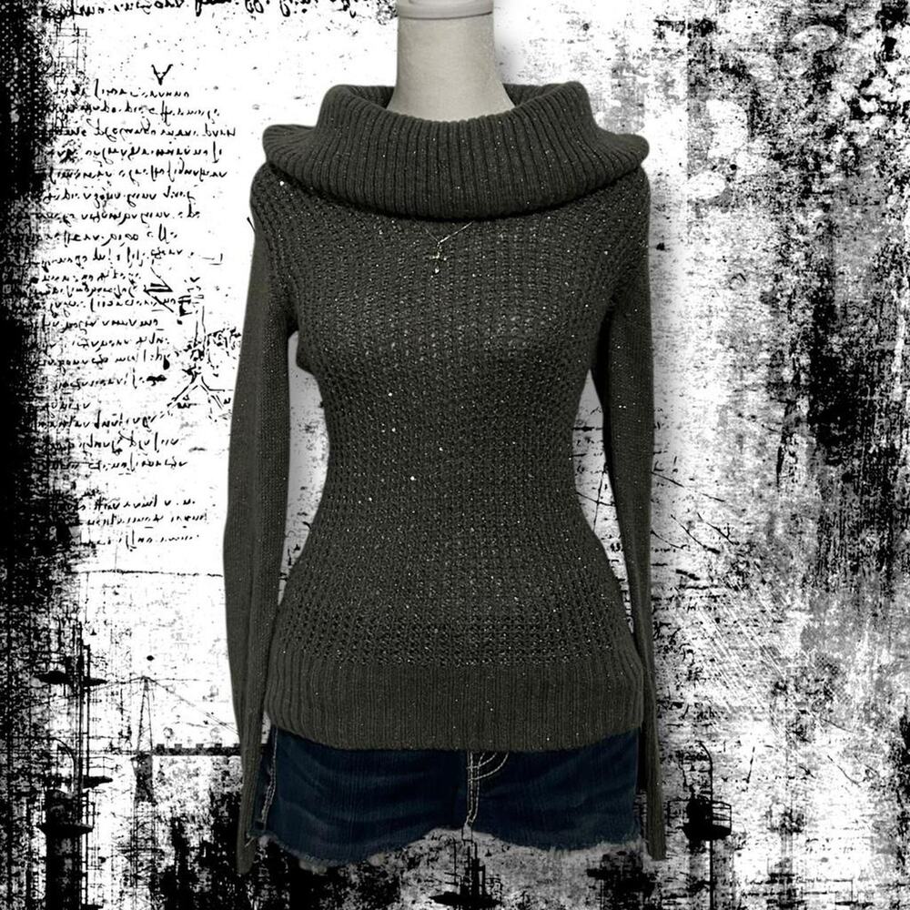 foldover neck glitter threading ribbed grey knit sweater top